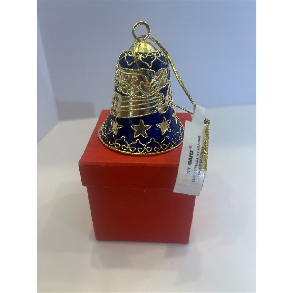 NWT GANZ Blue Gold Enamel Angel Bell Christmas Ornament EX2811  w/ Box &